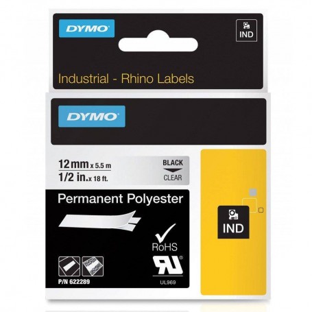 Rhino Dymo TAPE POLYESTER DURABLE 12 mm x 5.5 m transparent black print 622289